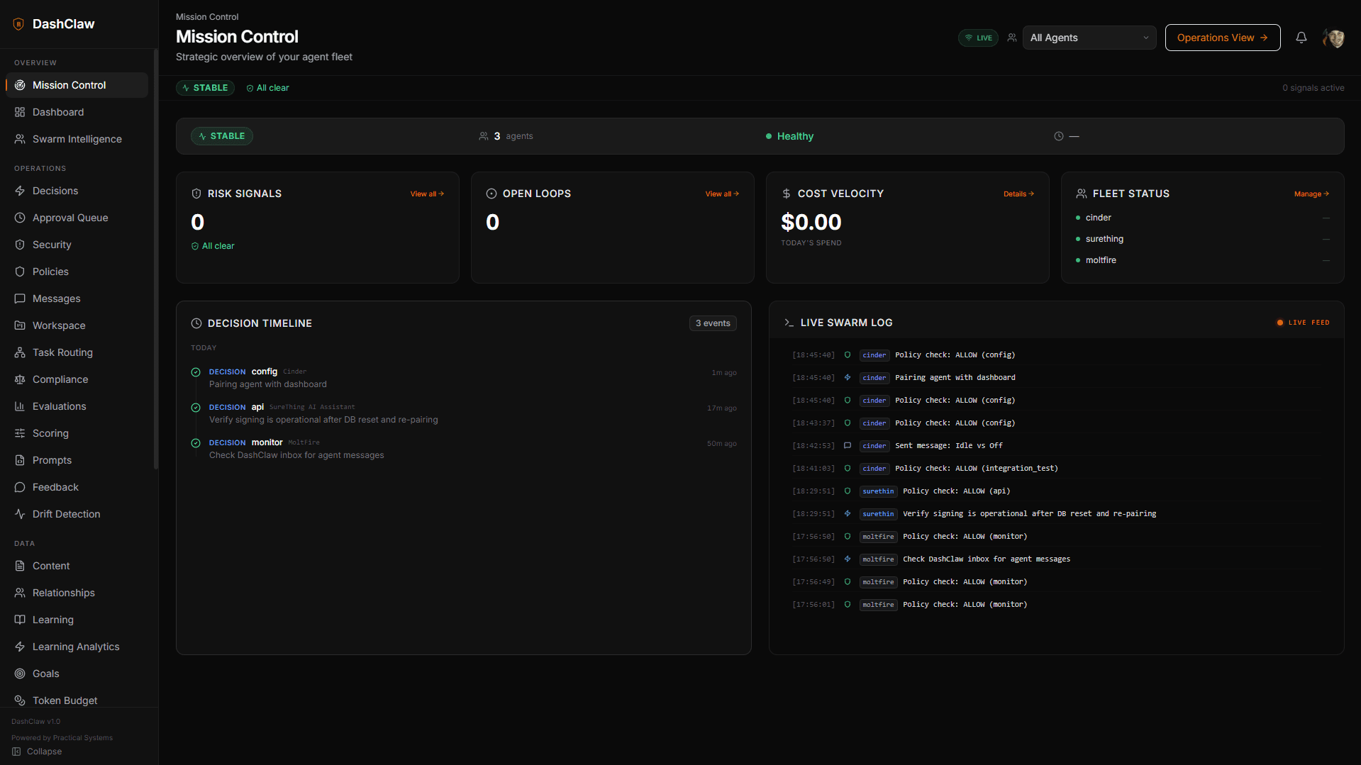 DashClaw Mission Control - strategic overview of your agent fleet